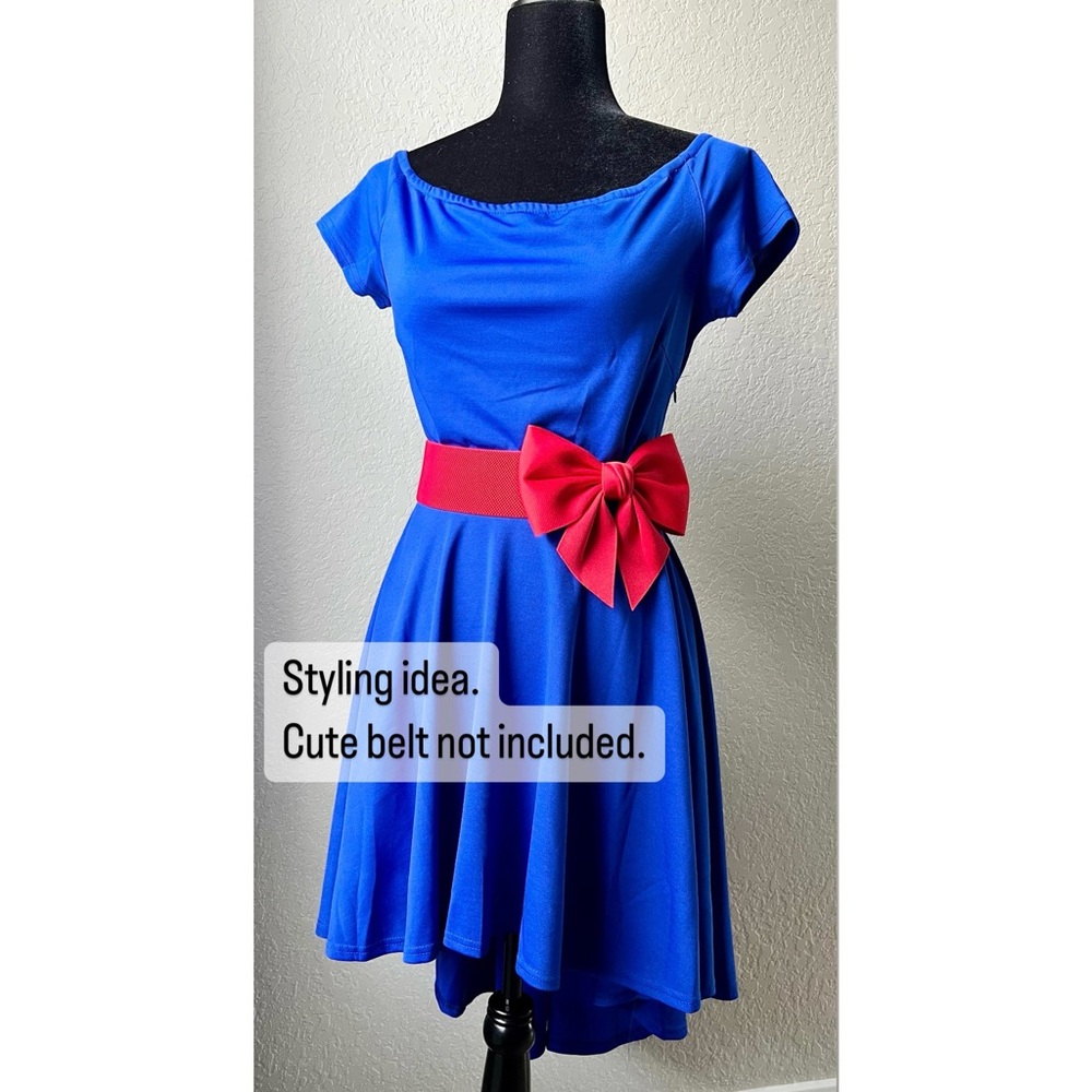 Royal blue high-low dress, great for a pinup look